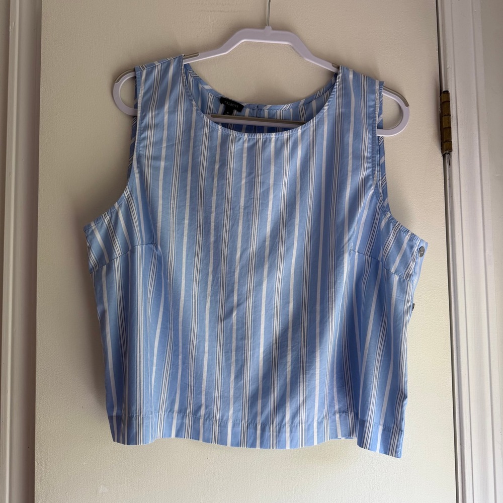 Talbots Womens XL Blue White Striped Cotton Sleeveless Side Button Shell Top NWT